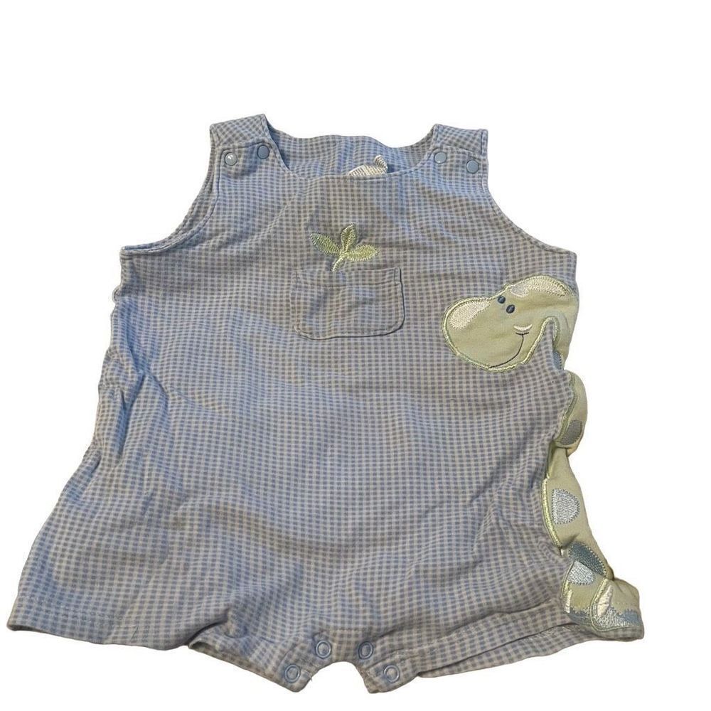 Vintage gingham blue with checkered shortfalls romper 24 months Dino dinosaur